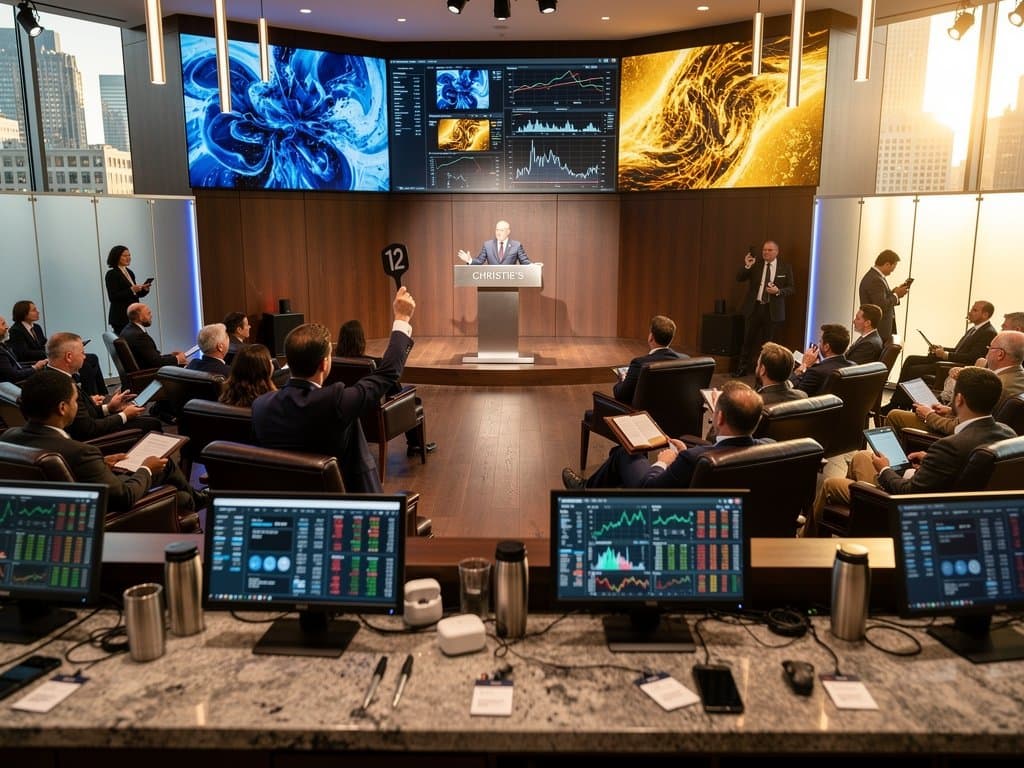 Modern auction room screens display AI art amid leather seating, crypto monitors, and city skyline views