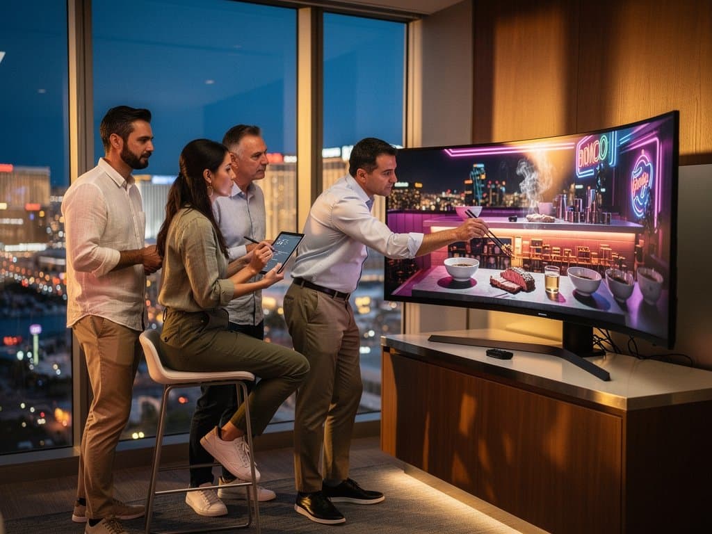 Team reviews AI-generated urban food film scenes on curved monitor in Las Vegas tech studio with servers and Strip views