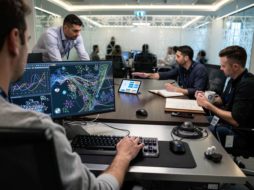 Researchers collaborate on AI fraud detection models at brushed desks with monitors and city views in DeepMind lab