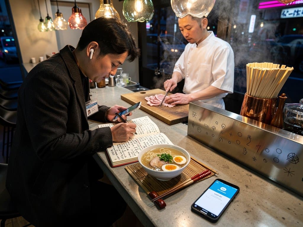 Urban ramen bar diner scans QR for USDT payment amid steaming bowls and neon-lit modern interior.