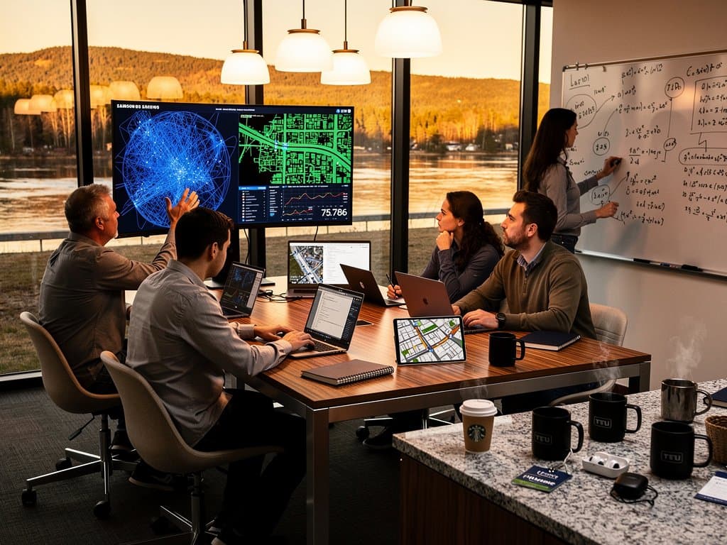 University AI lab on Maine campus with screens showing urban planning simulations and crypto market data in innovative workspace