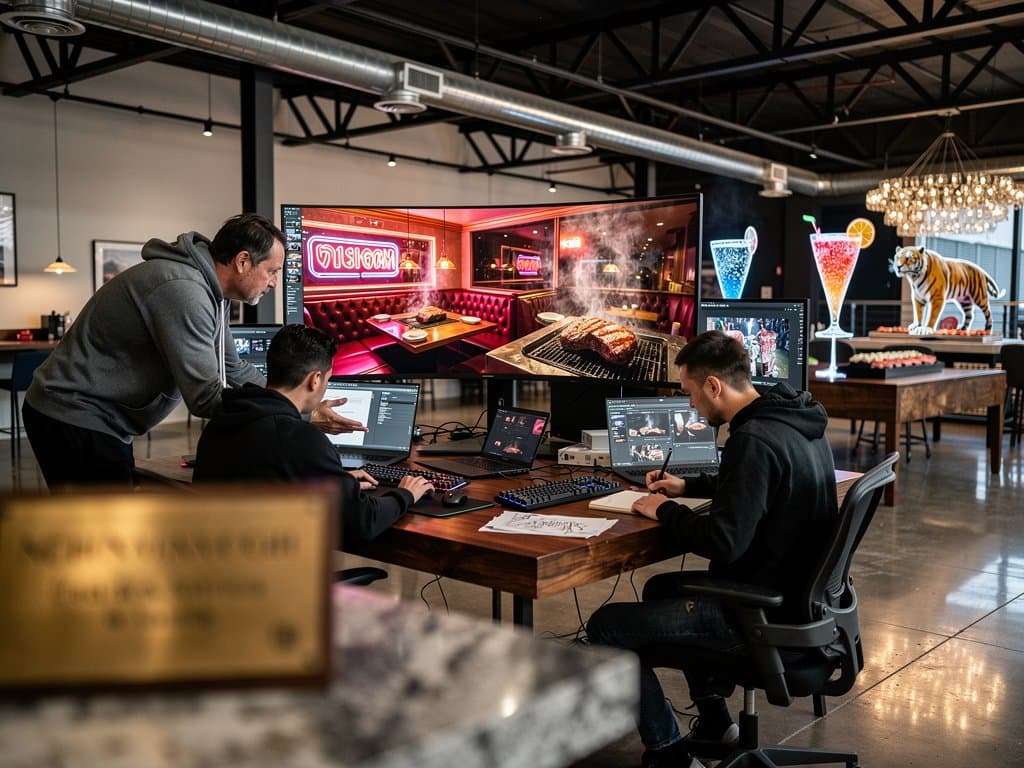 Multi-monitor Vegas AI film studio setup renders neon food scenes with Tiger King flair amid premium GPUs and design elements