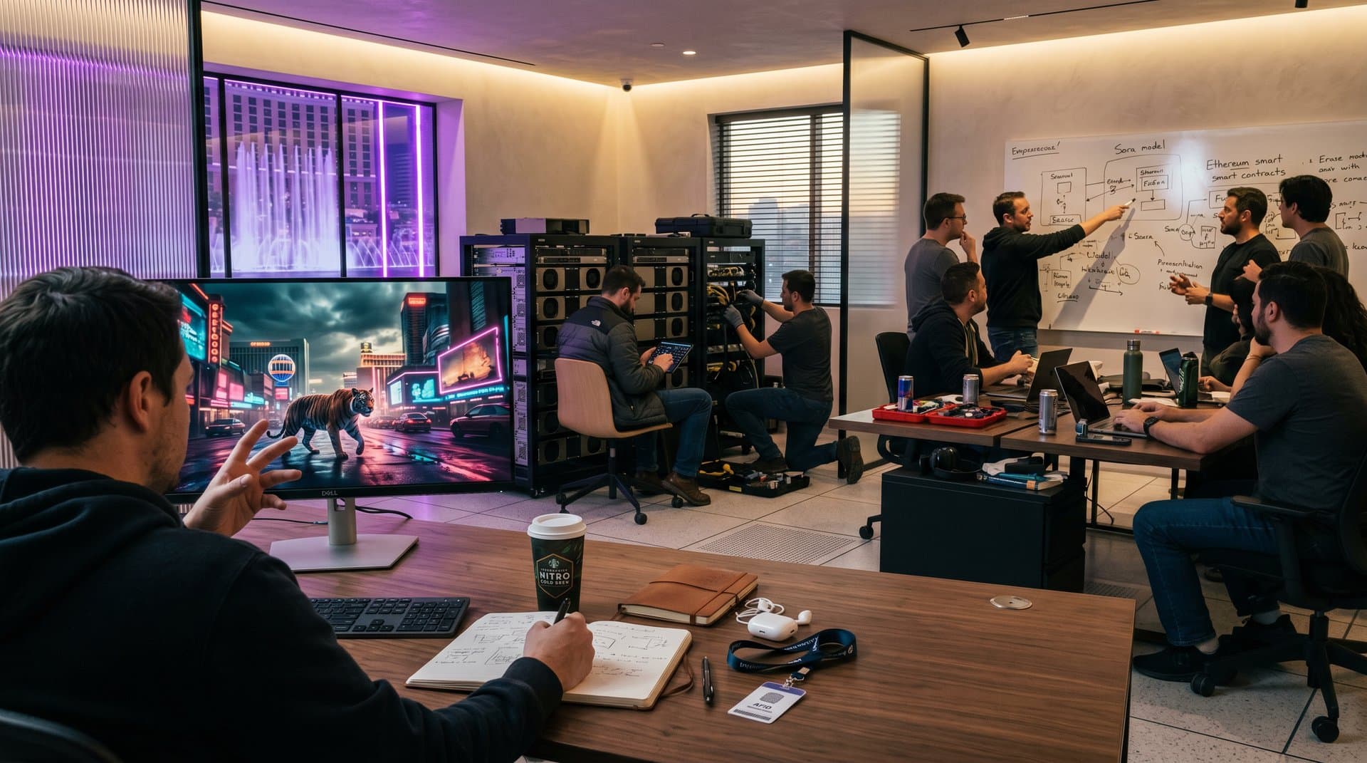 Las Vegas AI film studio with walnut De La Espada desks, AI sci-fi monitors showing neon Tiger King animals, limewashed Carla Juaçaba walls and NVIDIA H100 GPU racks