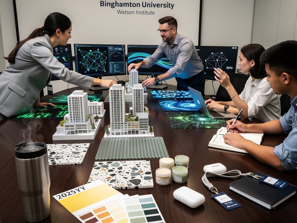 Binghamton University AI lab featuring urban high-rise models, Pilkington fluted glass, terrazzo data floors, and Dell screens simulating smart city traffic under Philips Hue LEDs