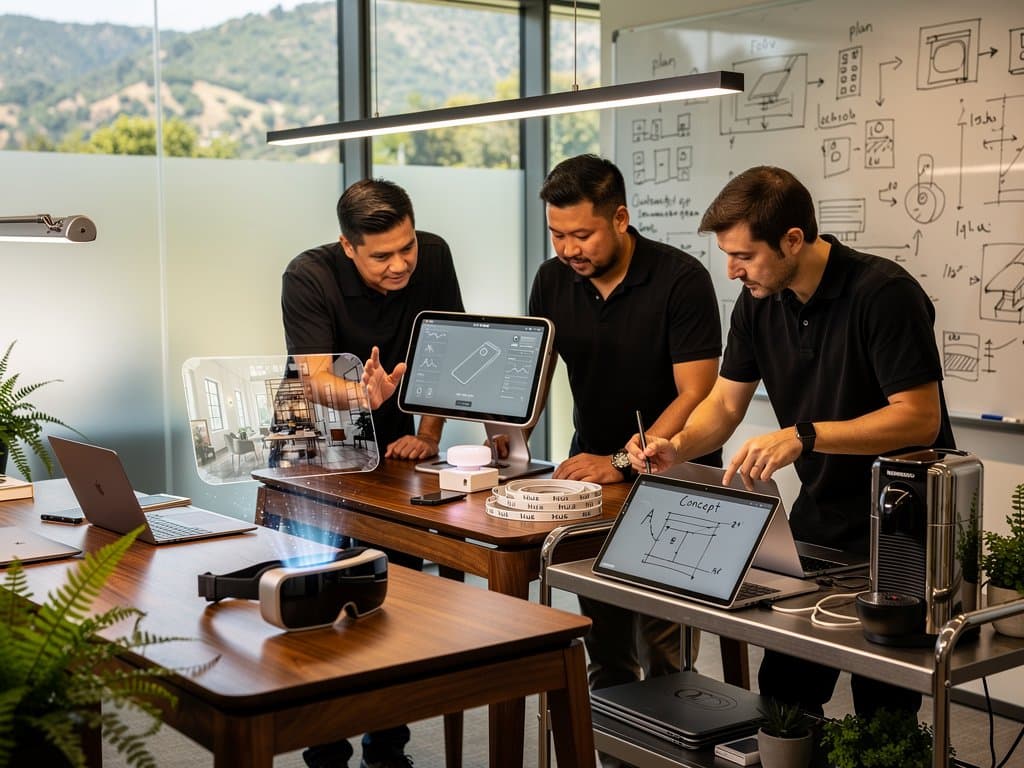 Apple Park lab with M4 prototypes, HomeKit devices, AI-rendered Tribeca loft in natural light