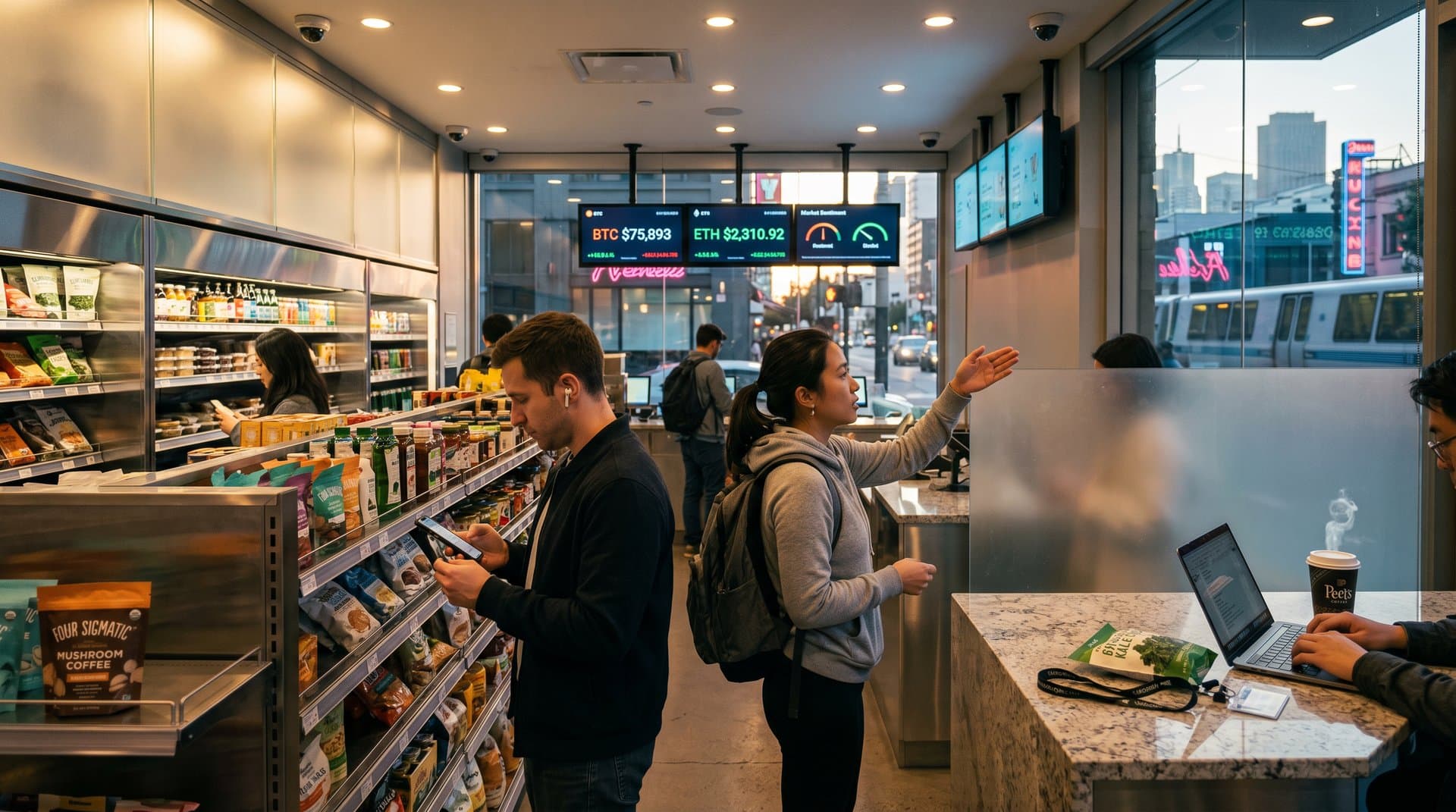 AI-operated convenience store in SoMa San Francisco with crypto payment screens and checkout-free shelves