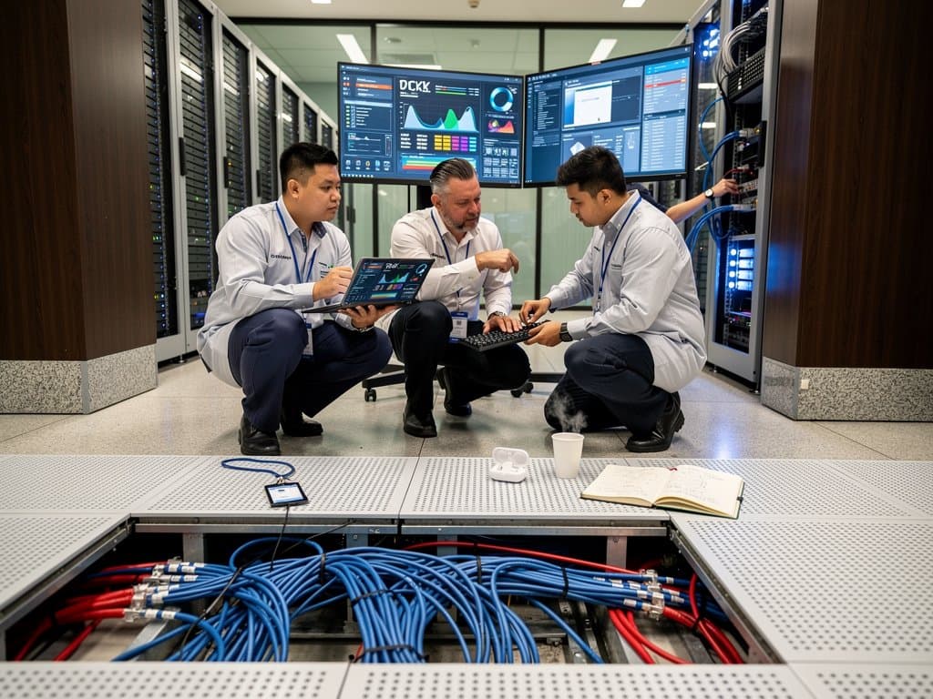 Engineers inspect glowing NVIDIA server racks in a modern urban Tier IV data center with raised floors and city skyline view