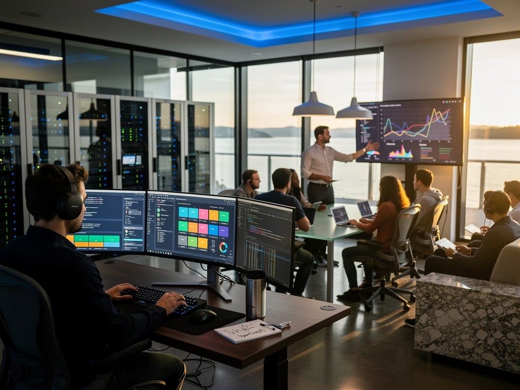 Developers collaborate at modern Amazon workspace with Bedrock AI dashboards, glass walls, server racks, and pendant lights