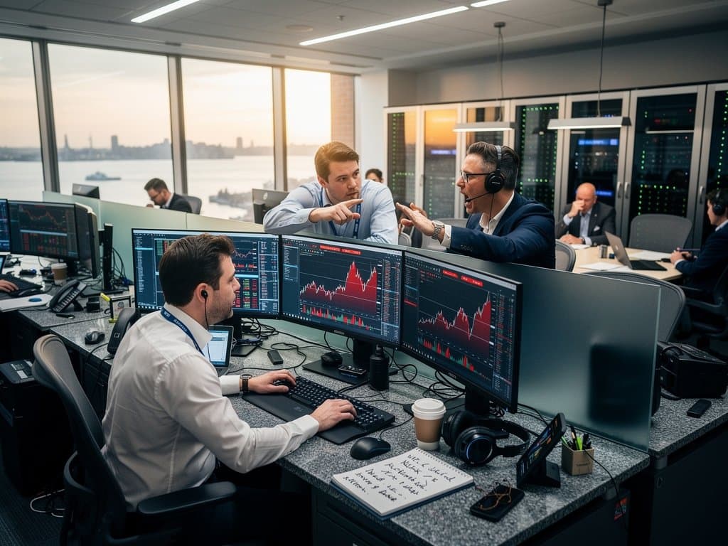 Traders monitor crypto prices on Bloomberg terminals amid busy trading floor activity, screens show BTC $75K and fear metrics