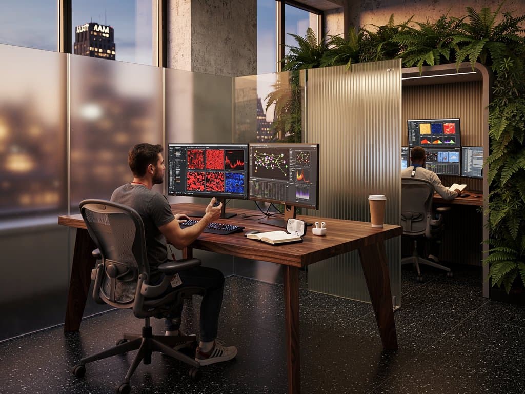 Urban loft office with frosted glass partitions, walnut desk, monitors displaying AI mouse trajectory heatmaps, privacy-focused amid surveillance