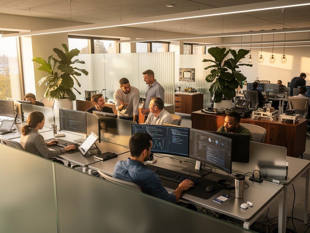 Meta engineers at aluminum desks with monitors, keyboards, frosted glass partitions in urban AI office overlooking cityscape